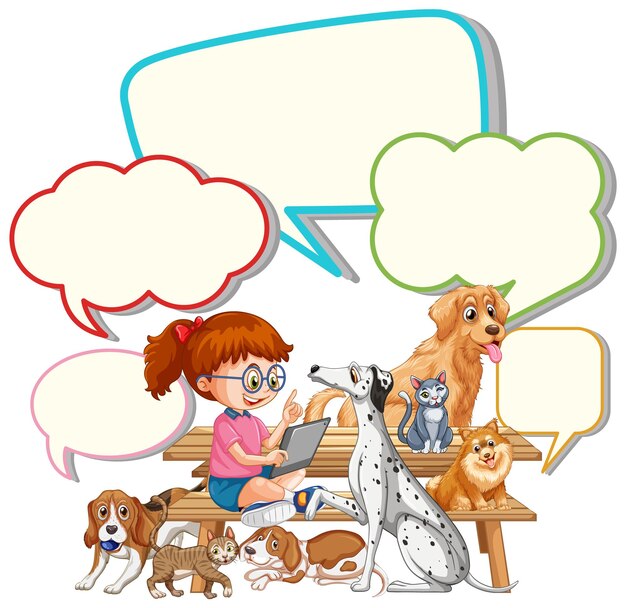 Free vector girl with speech bubbles and many dogs