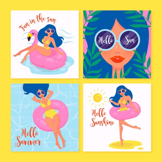 Girl with sunglasses hand drawn summer card collection