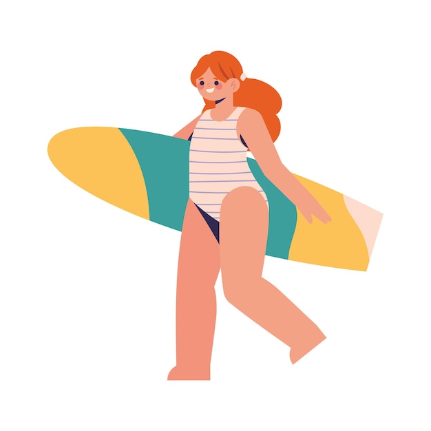 Girl with surfboard icon isolated