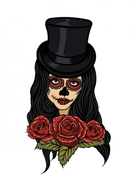 Free vector girl with top hat vintage tattoo