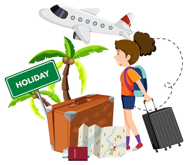 Free vector a girl with travelling objects on white background