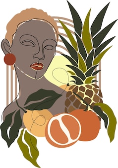 열대 과일을 가진 소녀 과일 포스터 레몬 오렌지 파인애플 평면 그림