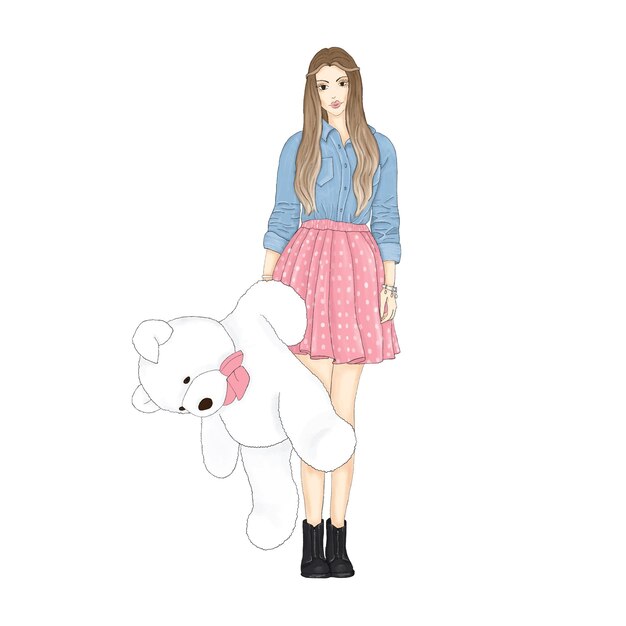Premium Vector Girl With White Teddy Bear