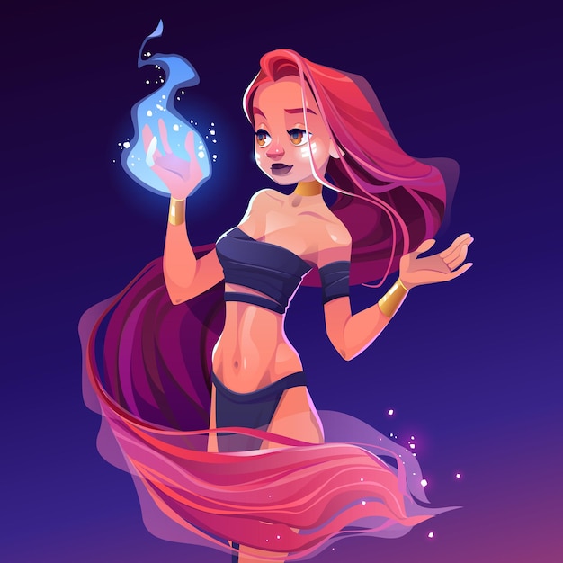 Бесплатное векторное изображение Девушка-волшебник держит в руке волшебный синий огонь