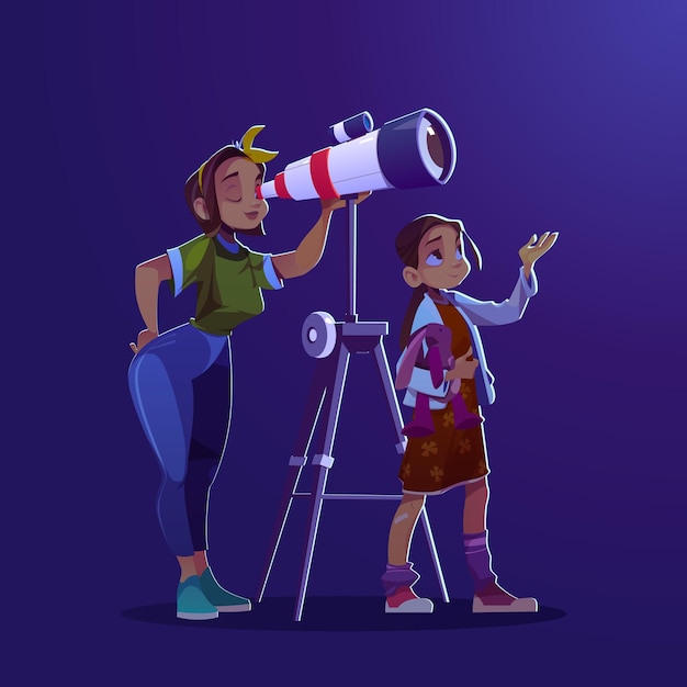 Free vector girl and woman looking through telescope concept of astronomy education cosmos exploration and disco...