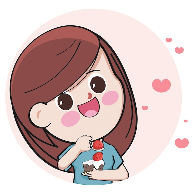 Free vector girlfriend character happy on valentines day with strawberry cake