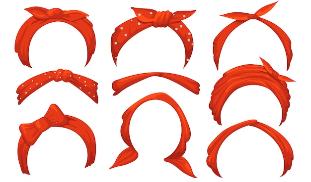 Бесплатное векторное изображение Набор девичьих лент для волос. красная бандана с бантом, повязанный платок, повязки на голову.