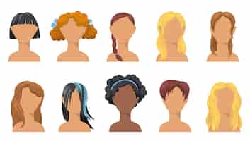 Vettore gratuito acconciatura alla moda da ragazzina set. tagli di capelli alla moda per ragazze di diversa etnia, tipi di capelli, colori e lunghezza.