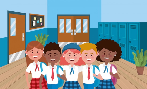 Бесплатное векторное изображение Девочки и мальчики ученики с шкафчиками и блокнотом