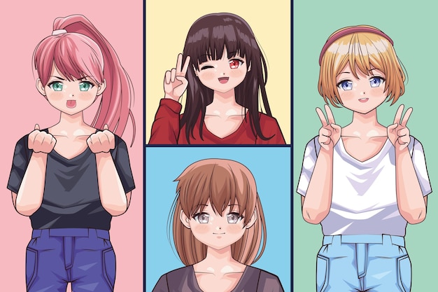 Бесплатное векторное изображение Девушки аниме стиль четыре персонажа