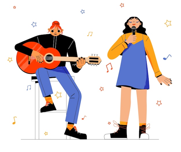 Free vector girls band with singer and musician with guitar