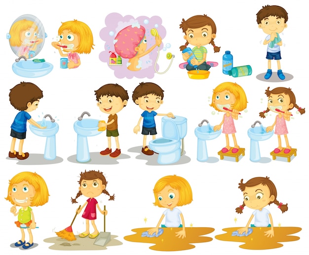 Girls and boys doing chores illustration