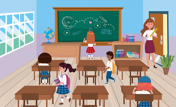Free Vector girls and boys students with woman teacher in the classroom