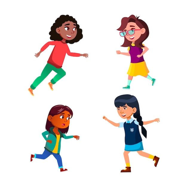 Free vector girls children running sport activity set vector