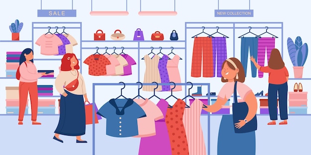 Girls choosing modern clothes in store flat  illustration