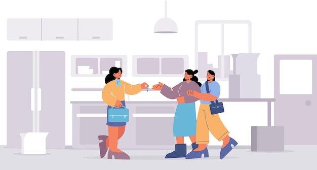 Girls couple rent house from real estate agent vector flat illustration of two lgbt girls move to new home kitchen interior with woman realtor gives key to lesbian family