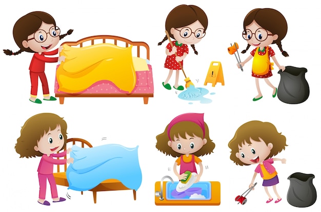 Girls doing different chores