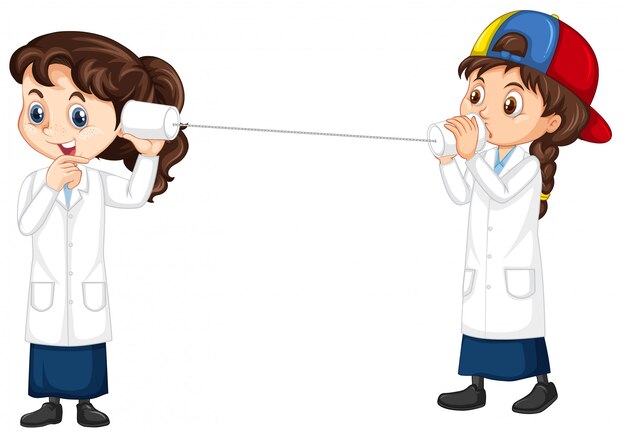 girls doing experiment on sound wave on white background