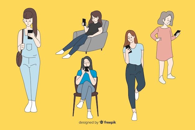 Девушки держат смартфоны в корейском стиле рисования
