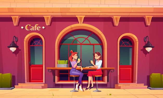 Бесплатное векторное изображение Девушки на террасе летнего кафе. женщины пьют чай