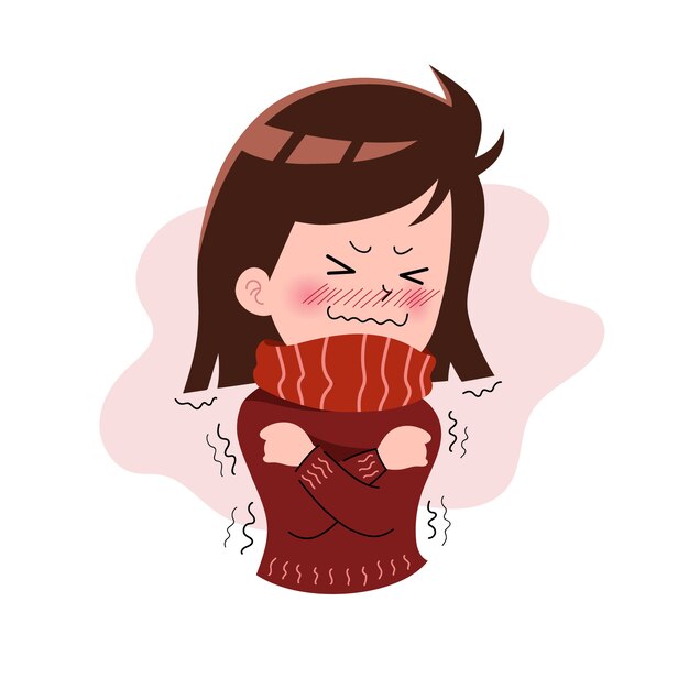 女の子か女性か熱を持つ人々 寒さに震えるキャラクター 病気の概念 分離されました フラットな漫画のスタイルのイラスト 健康と医療 プレミアムベクター