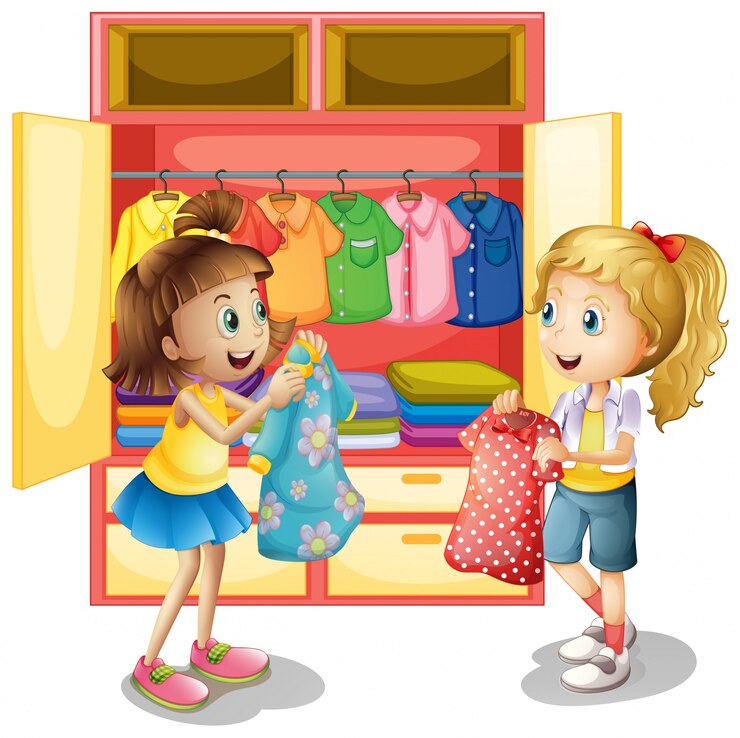 Free Vector girls picking out clothes from closet