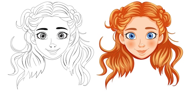 Free vector girls portrait in line art and color