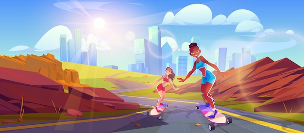 Free vector girls ride on skateboards on road summer landscape with two women skaters on longboards highway green fields and city on horizon concept of urban extreme sport vector cartoon illustration