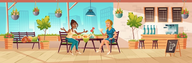 Girls seating on cafe terrace or balcony with wooden bar counter and plants. cartoon interior of coffee shop patio with tables, chairs and bench with sleeping cat. women drink tea and talking