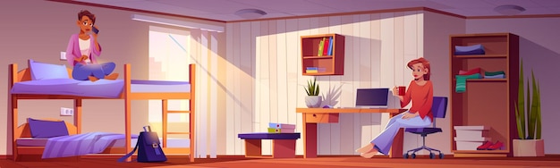 Girls students in dormitory room with bunk, laptop on desk, wardrobe and bookshelf. vector cartoon interior of dorm bedroom or hostel apartment with young women living together