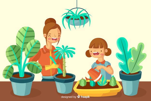 Girls taking care of plants