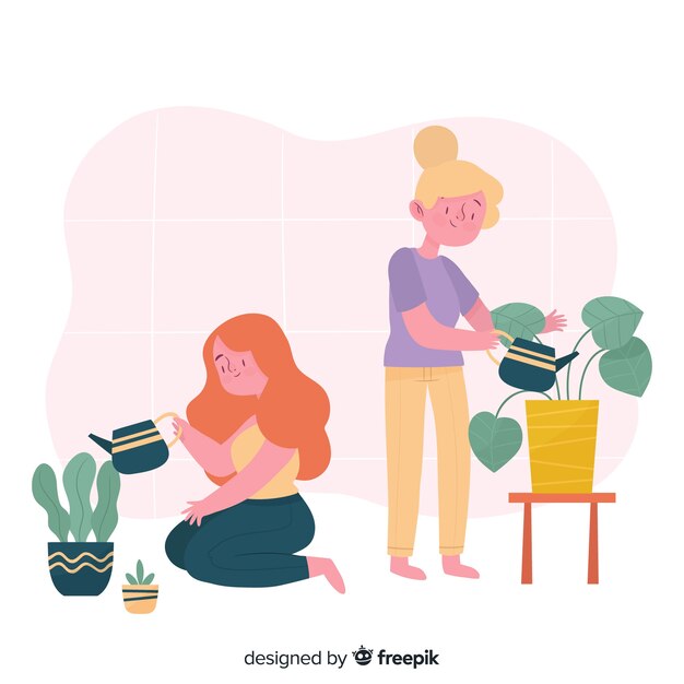 Girls taking care of plants