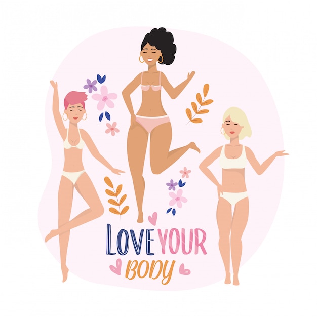 Free vector girls wearing underclothes with branches plants and flowers