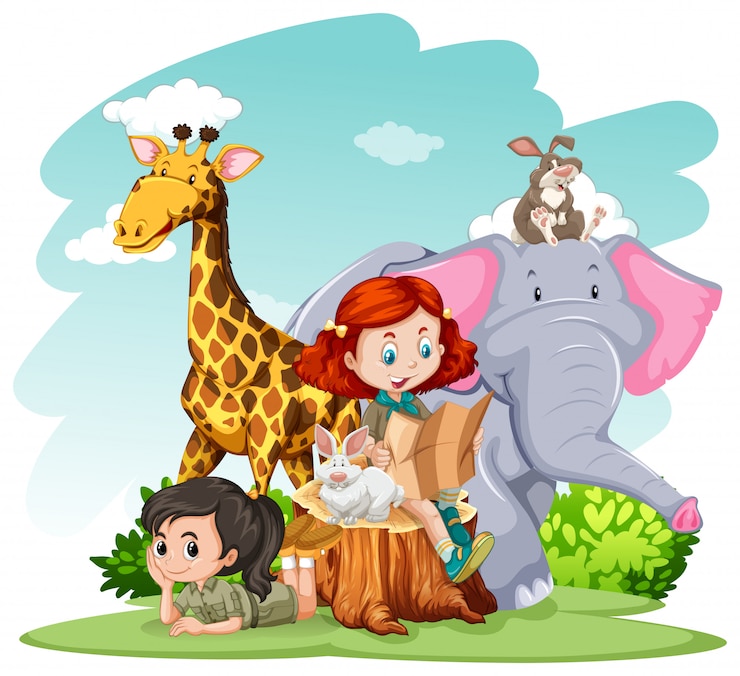Free Vector girls and wild animals