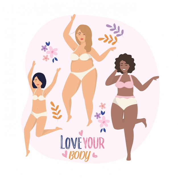 Free vector girls with underclothes and flowers with branches plants