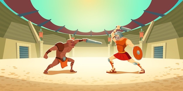 Free vector gladiator fight with barbarian on coliseum arena illustration