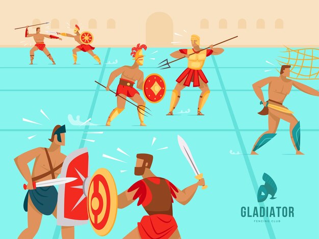 Gladiators fighting in coliseum flat illustration