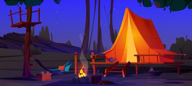 Glamping with tent in summer forest at night