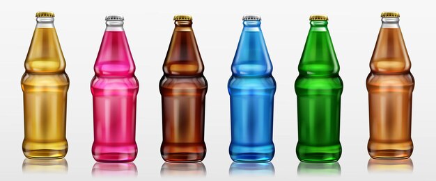 Glass bottles with different drinks, beer, soda and lemonade.