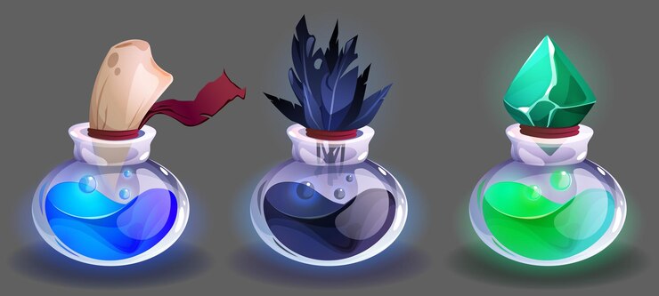 Free Vector glass bottles with magic colorful potion