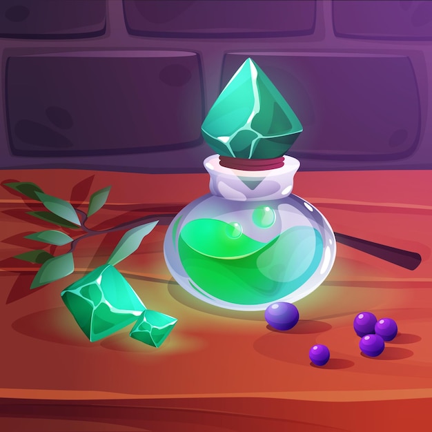 Free vector glass bottles with magic green potion on table