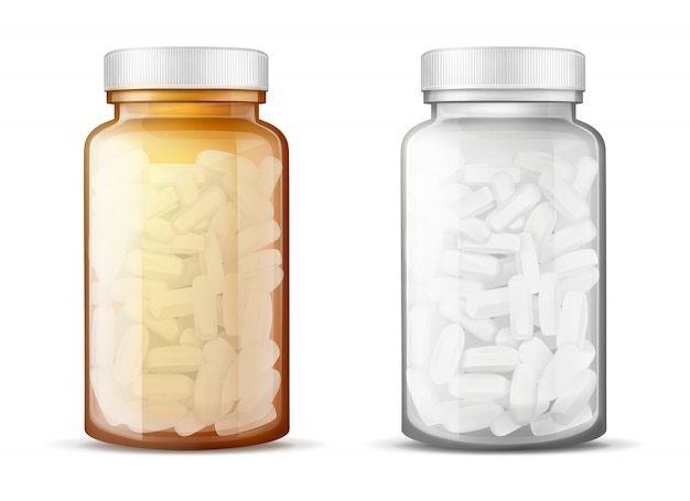 Glass bottles with pills realistic