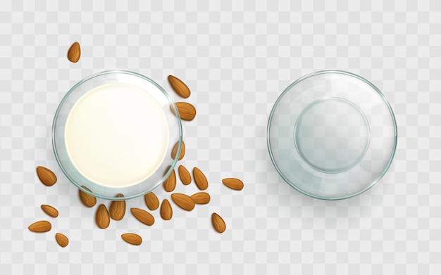 Glass bowl with almond milk realistic vector