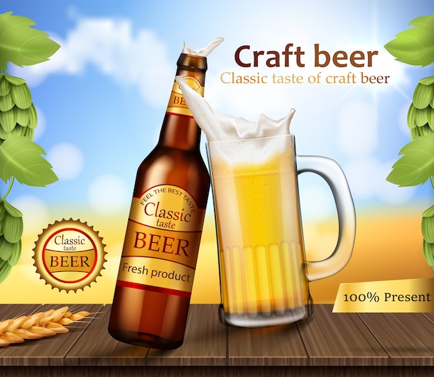 Free vector glass brown bottle and mug with craft beer