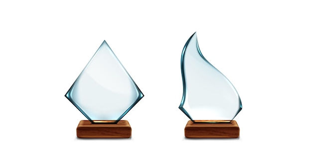 Free vector glass and crystal trophy award on wooden stand