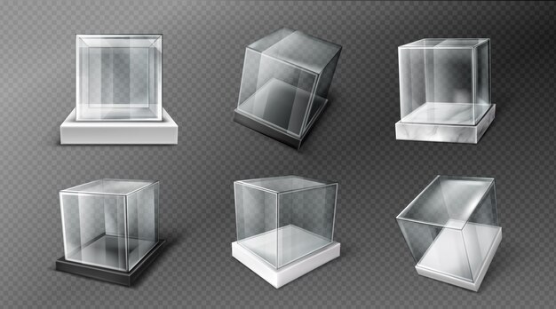 無料ベクター 黒、白、大理石のスタンドにガラスの立方体の箱