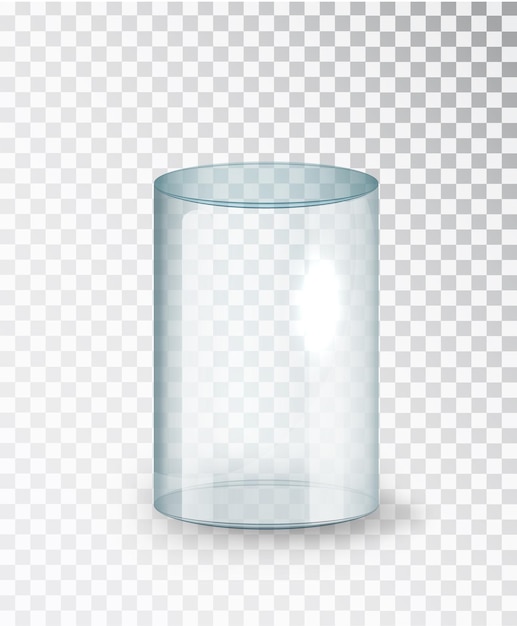 Glass cylinder. Empty transparent glass cylinder isolated on transparent background. Exhibit transparent display box. Realistic vector .