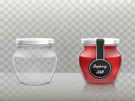 Free vector glass figured jars is empty and with raspberry jam covered with a lid and a black label