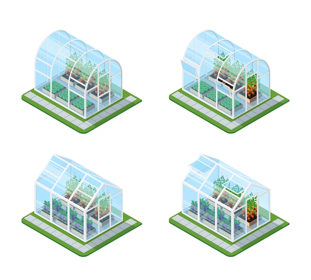 Glass Greenhouse Isometric Set 