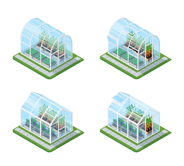 glass greenhouse isometric set 